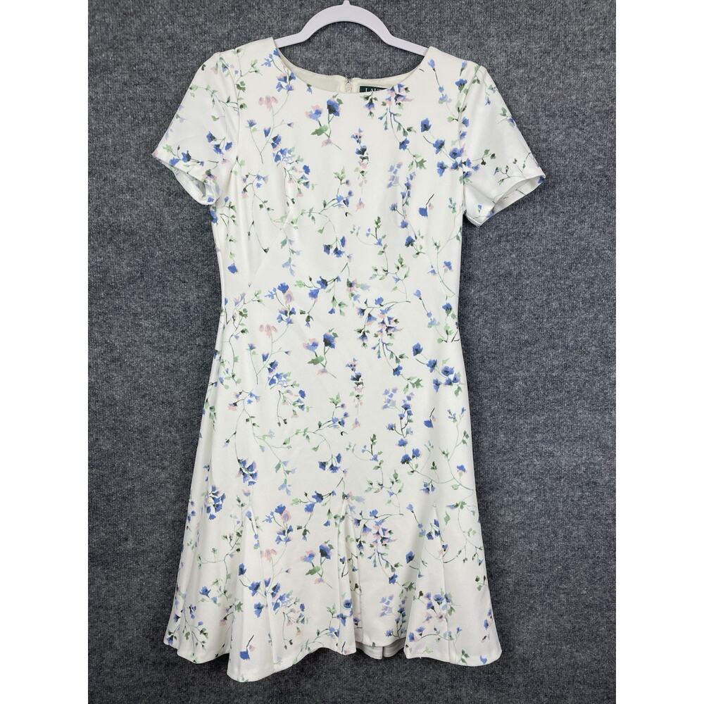 Lauren Ralph Lauren Women's Sz 4 Darris Ivory Floral Short Sleeve Flounce Dress